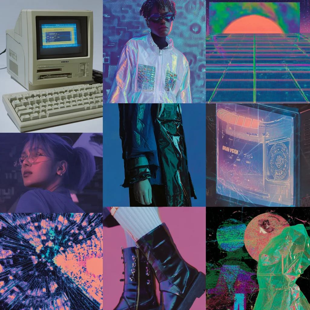 A collage representing the Y2K aesthetic with old computer interfaces, futuristic fashion, and bold graphics